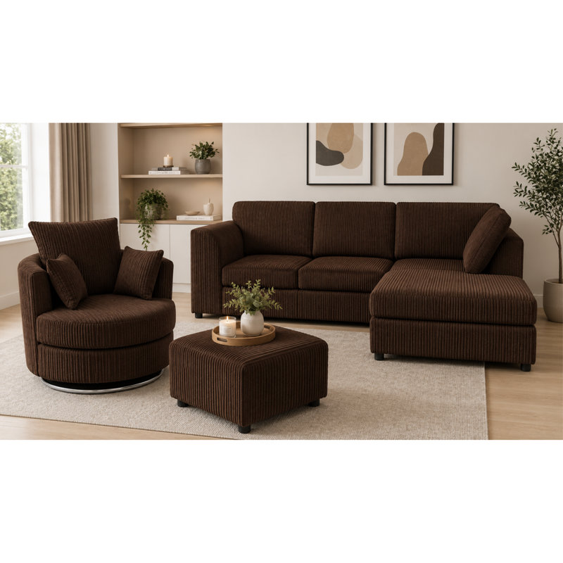4 Seater Corduroy Sofa & Chaise, Chocolate