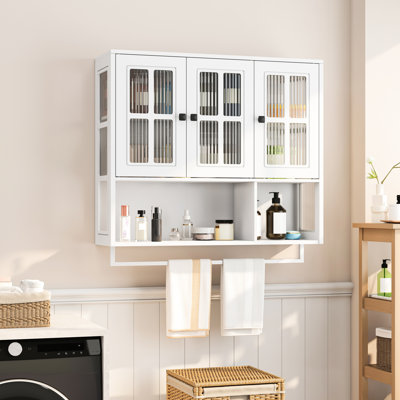 Armoire murale 3 portes avec porte en verre, porte-serviettes et tablettes amovibles - blanc, design minimaliste moderne, + verre trempé, facile à assembler
