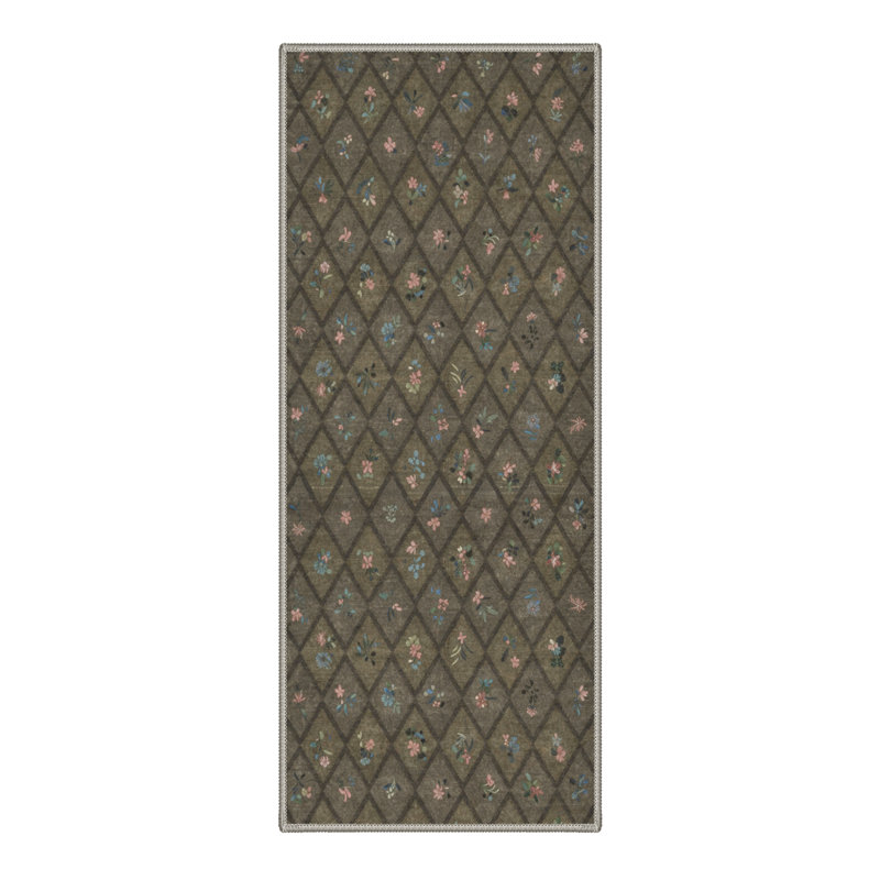 Auraflora Floral Machine Washable Brown Indoor Area Rug with Non-Slip Backing, Runner 2' x 6'