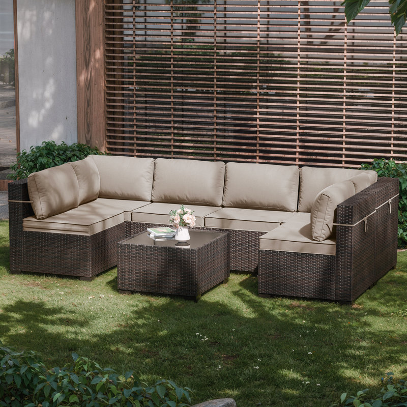Hanshaw 7-Pieces All Weather Rattan U-Shape Sectional Sofa With Cushions, Sand