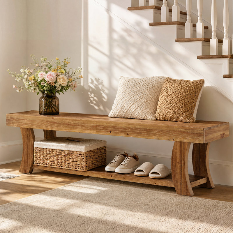 Banc de 63 po en bois massif avec rangement ouvert