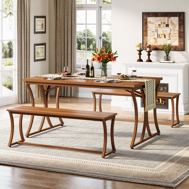 Pandeli 51-Inch Dining Table Set with 2 Benches and Table Runner for 4-6 People