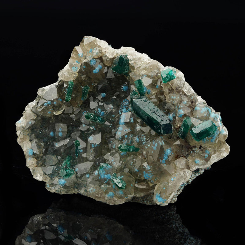Dioptase With Plancheite on Calcite II