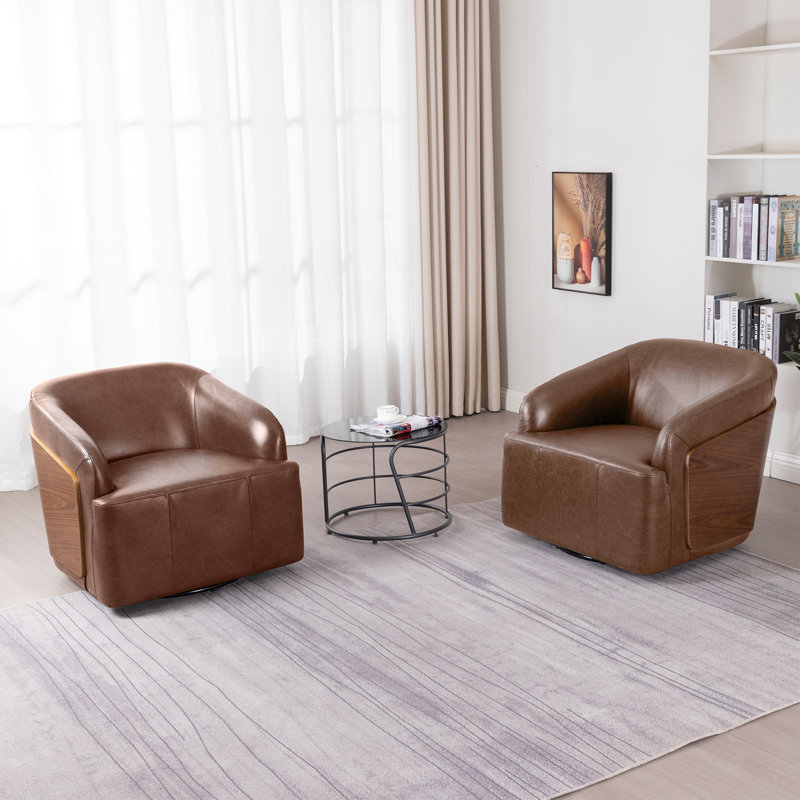 Fauteuil demi-tonneau pivotant en cuir véritable (ensemble de 2), Brun jaune