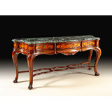 Original Italian Antique Walnut Burl Console Table with Green Marble Top