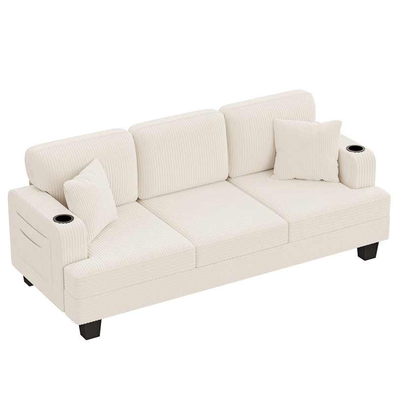 84" Corduroy Sofa Couch With 3 Seats, Upholstered Sofa With Square Armrests For Living Room Apartment, Beige