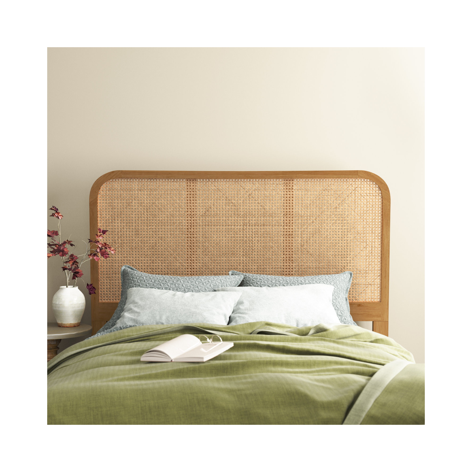 Boone Solid Wood and Cane Headboard, Queen, Natural