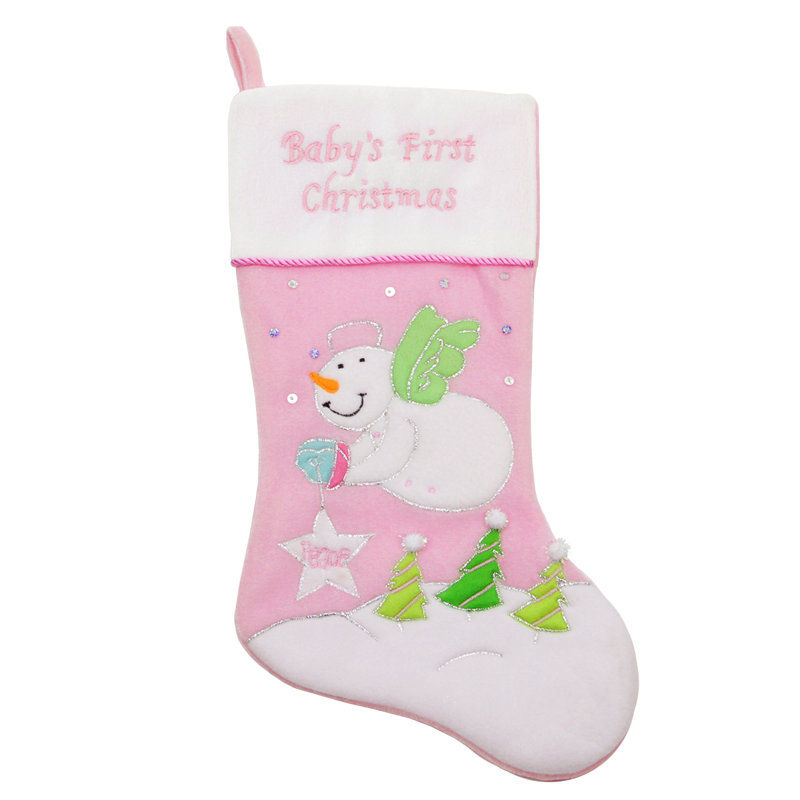 Chaussette de Noël ange en velours 20 "rose clair" Baby's First Christmas "