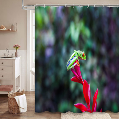 Red Tree Frog Rain Forest Flower Nature Shower Curtain with 12 Hooks
