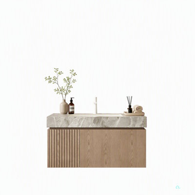 Meuble-lavabo 36 po, meuble de rangement flottant en contreplaqué avec tiroir et porte, comptoir en pierre frittée et lavabo en céramique avec 1 trou de robinet pré-percé, pré-assemblé