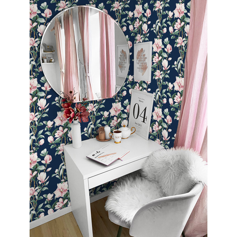 Rouleau de papier peint adhésif L 18 pi x l 20,5 po Magnolia Trail, Bleu marine / rosé