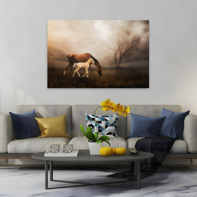 Dreamy Mare And Foal Dramatic Dreamy Ethereal Horse Landscape Nature Wall Art Print 1 Piece Wrapped Canvas Wall Art