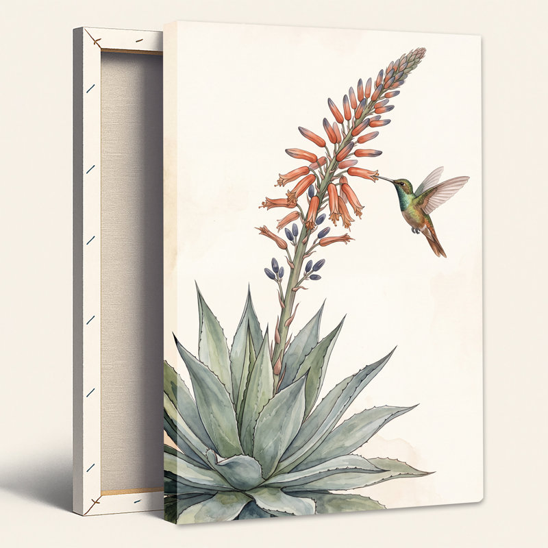 Tableau sur toile aquarelle représentant une plante d'agave et un colibri, 24"H x 18"W