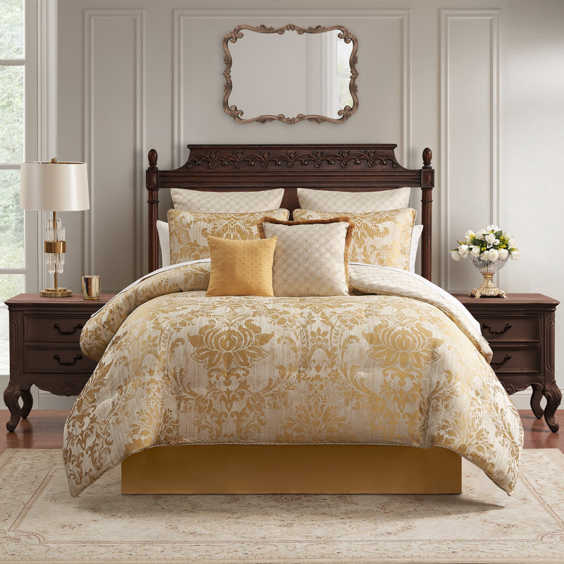 Ivory and Gold Reversible Queen Bedspread Set