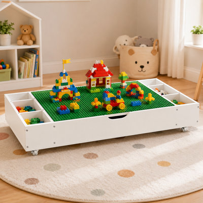 Organisateur de table et de jouets pour enfants à profil bas 3-en-1 avec carte de jeu et roulettes amovibles, blanc