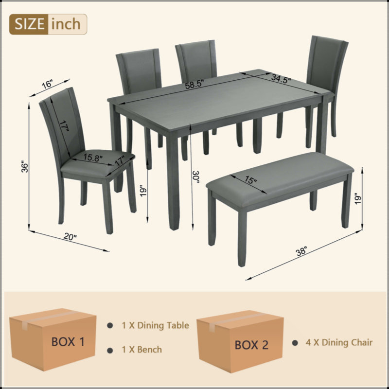 Ensemble de table de salle à manger 6 pièces avec banc et chaises, ensemble de table à manger en bois pour 6 personnes, ensemble de table à manger moderne pour 6 personnes pour la salle à manger, cuisine