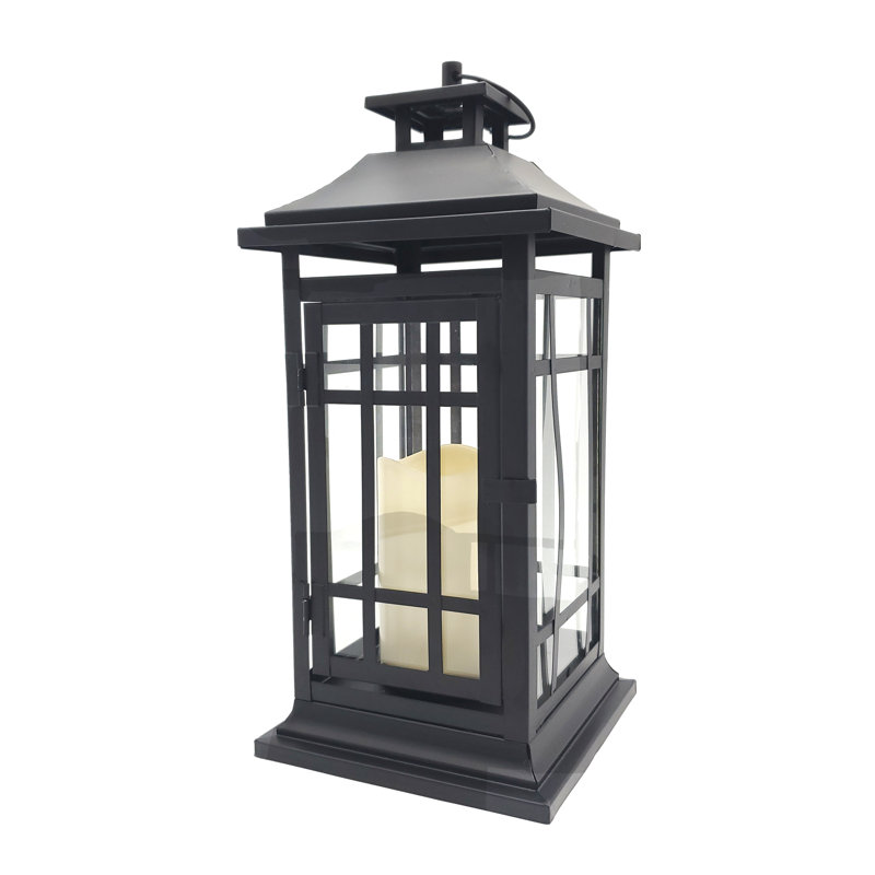 Battery Operated Black Window Metal Lantern with LED Candle, 14" H x 6" W x 6" D