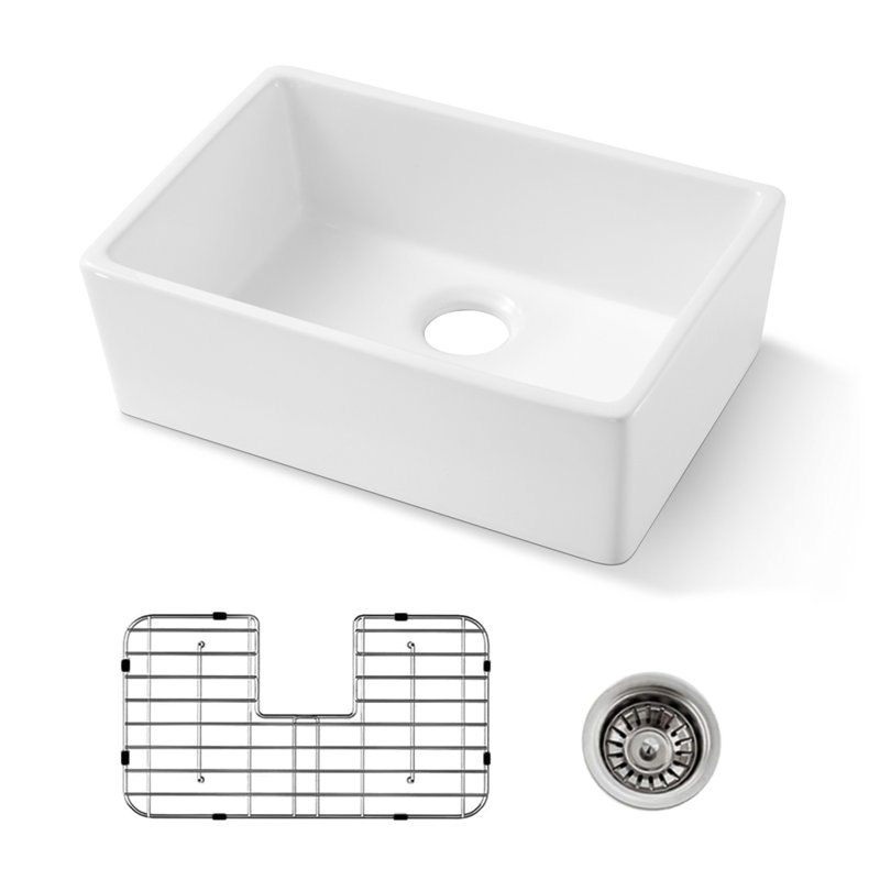 24 Inch White Fireclay Farmhouse Sink-24X 16 White Farm Sink For Small Kitchen And Laundry, Apron Front Porcelain Ceramic Sink Single Basin With Bottom Grid And Strainer