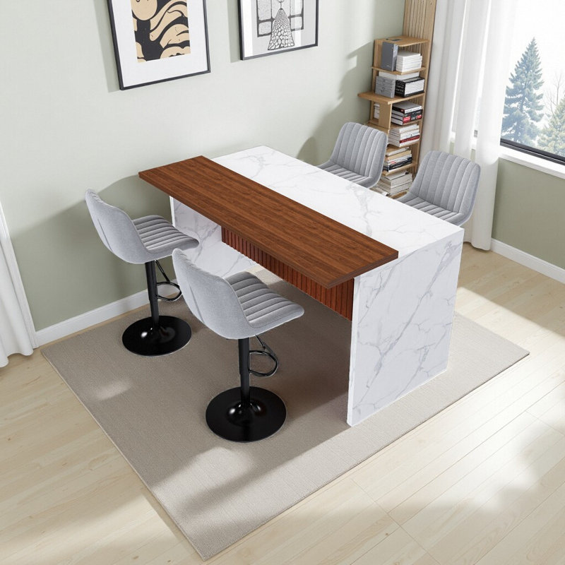 Ensemble d'îlot de cuisine 63 pouces avec 4 tabourets de bar - surface d'aspect marbre avec éclairage DEL, Table, 4 chaises