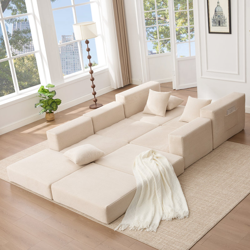 Canapé-lit convertible 10-en-1 en velours côtelé, modulable en forme de L, 6 coussins, beige, idéal pour les petits espaces. Canapé d'angle, modulaire, sans assemblage requis. Convient à tous les espaces et pièces.