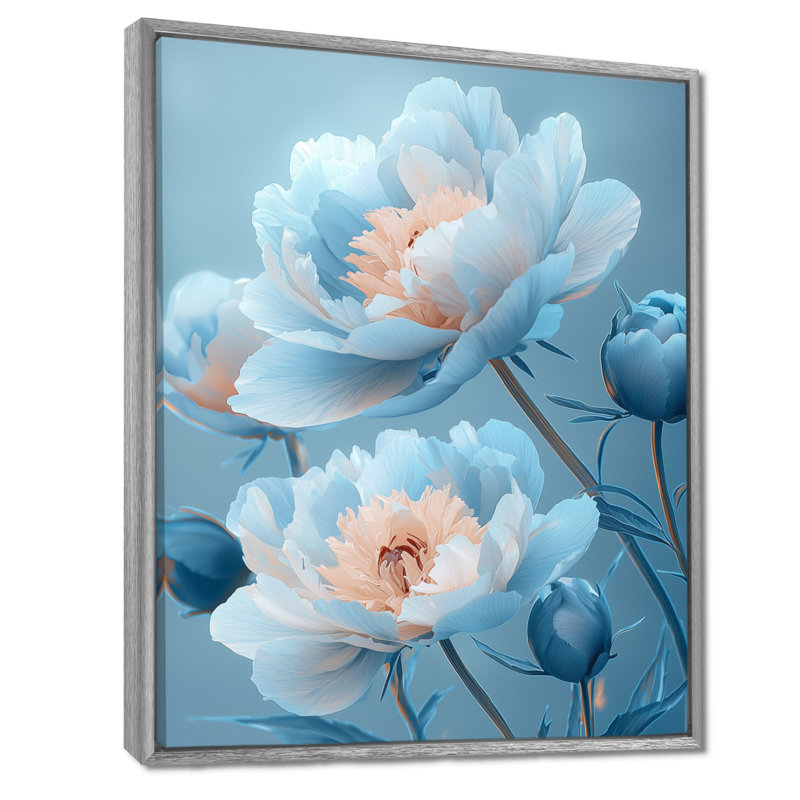 «Blue Velvet Peony Blooms I», art mural pivoines, H 44 po x l 34 po, Reproduction avec cadre flottant, Argent argent