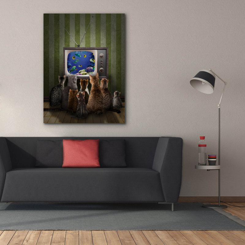  «Cats regarder la télévision» par John Hovenstine, art mural sur toile, 40 po x 54 po