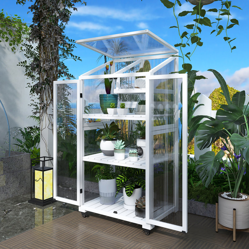 Wood Large Greenhouse Balcony Portable Cold Frame With Wheels And Adjustable Shelves, White