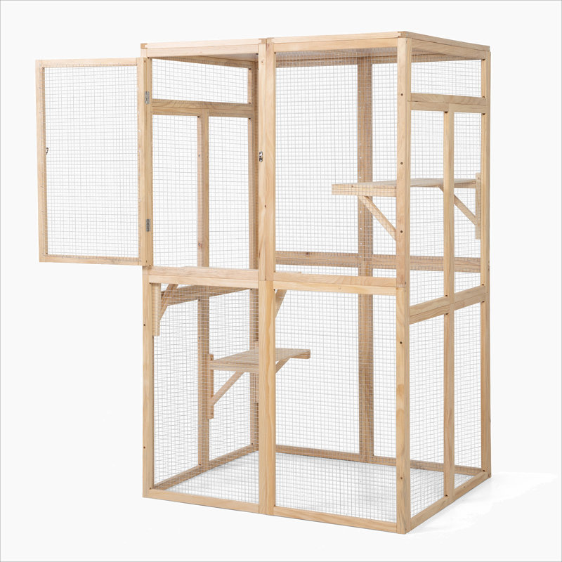 Enclos d'extérieur pour chat en bois, maison pour chat avec plateformes, hamac et porte, condo pour chaton, Burlywood