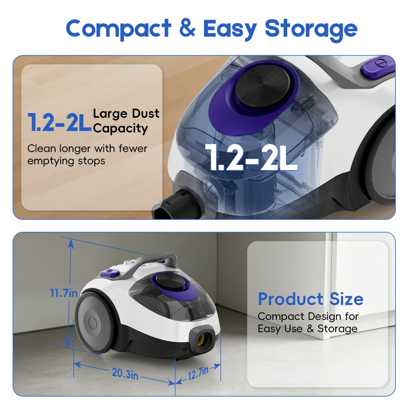 Aspirateur vertical sans sac WHALL 1400 W, aspiration puissante de 30 kPa, filtration HEPA en 5 étapes pour tapis et sols durs
