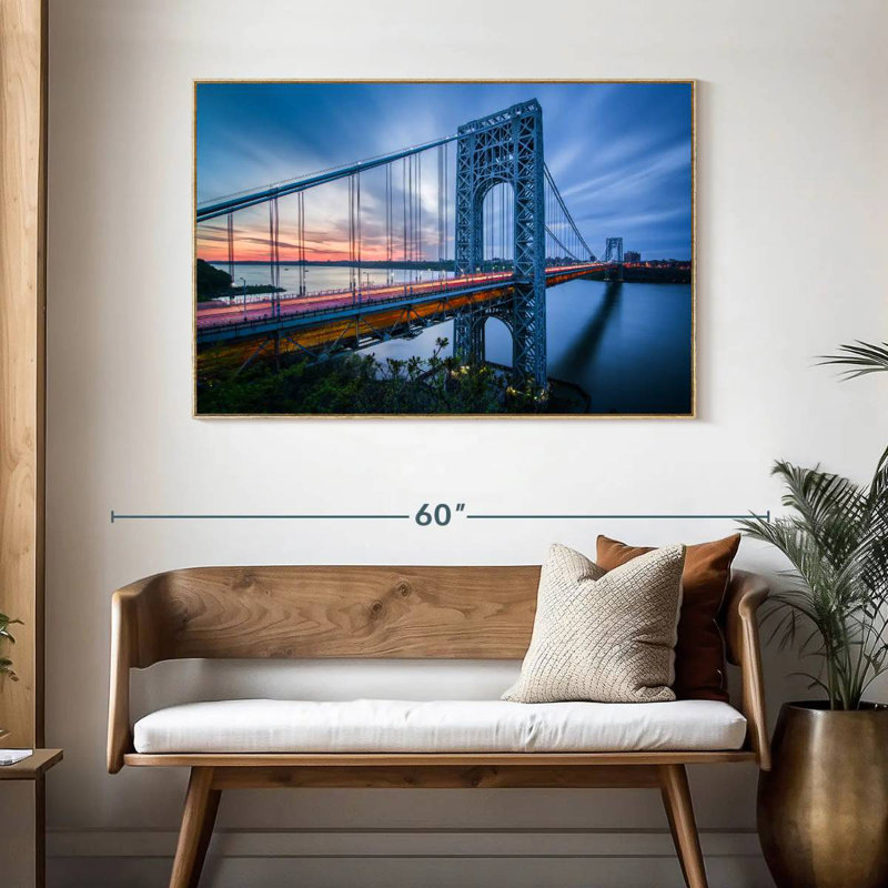 Pont George Washington à l'aube, 46 po x 31 po, Cadre flottant en bois naturel