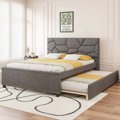 Grand lit plateforme tapissier avec tête de lit et lit gigogne