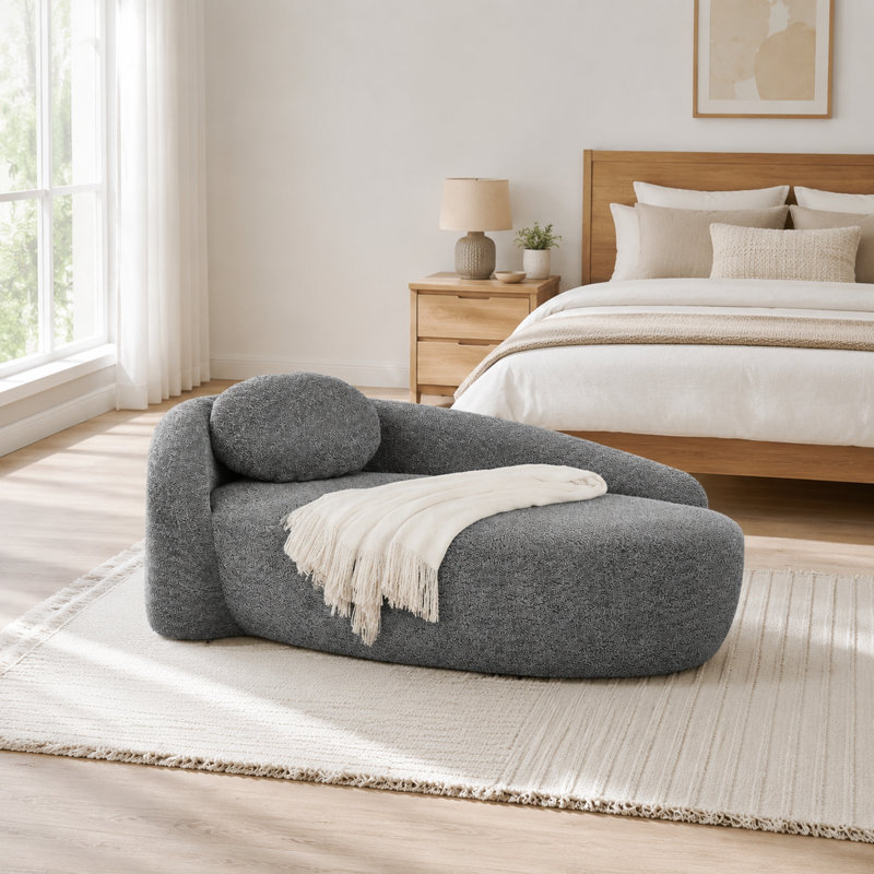 Fauteuil lounge ovale moderne en bouclette avec coussin, fauteuil une place peu encombrant, gris foncé