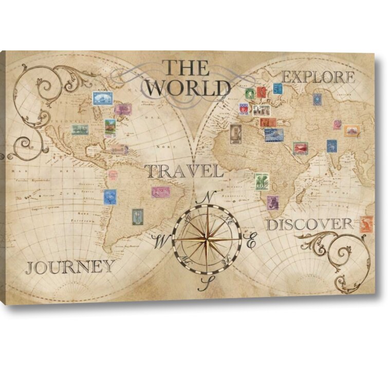 Winston Porter 'Old World Journey Map Stamps' Graphic Art Print on Wrapped Canvas, Size: 11 inch H x 16 inch W x 1.5 inch D, Beige