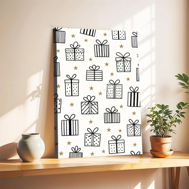 Motif de boîte-cadeau dessiné à la main avec des étoiles dorées sur fond crème, art minimaliste sur toile, 20x30in