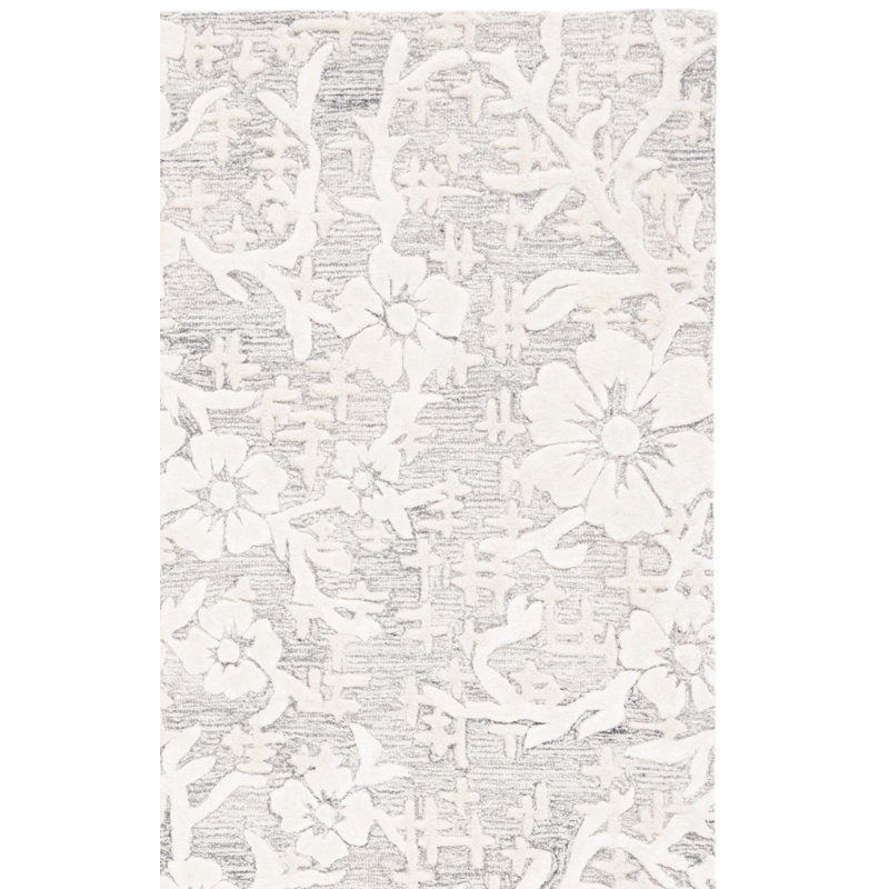 Sirish Hand Tufted Wool/Viscose/Cotton Floral Rug in Ivory/Gray, Runner 2'3" x 8'