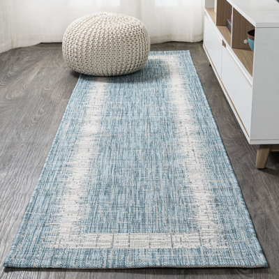 Stegner Minimalist Border Aqua/Ivory Indoor/Outdoor Rug