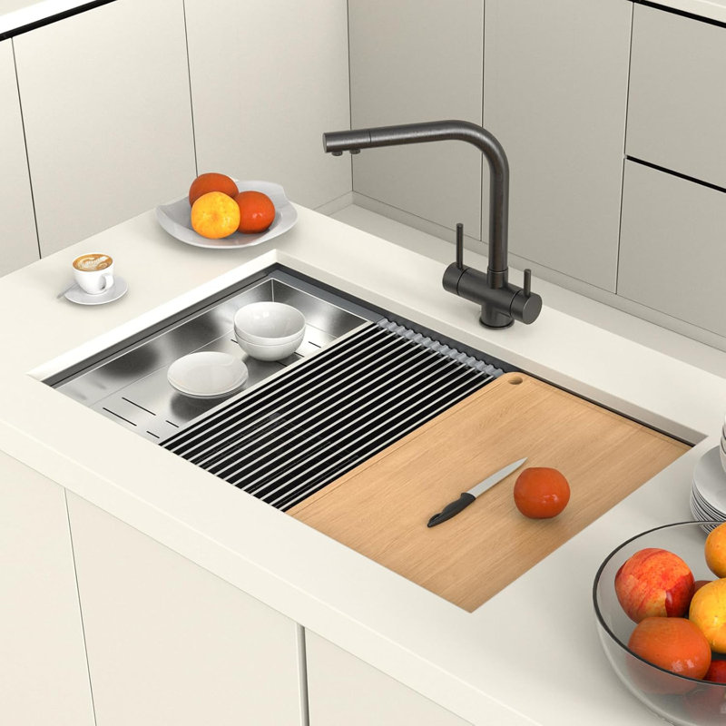 33 Inch Stainless Steel Undermount Integrated Ledge Multifunctional Workstation Sink Set In Black