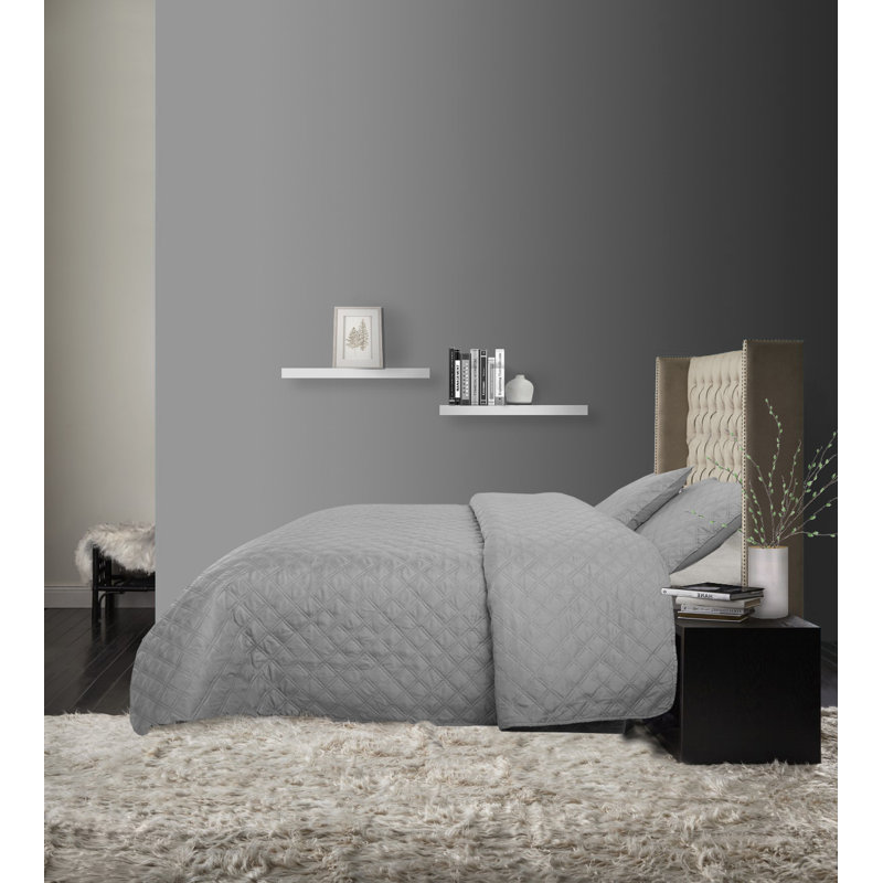 Ensemble de courtepointe réversible à motif de losanges Iosten, Courtepointe double / grand et 2 taies décoratives, Gris