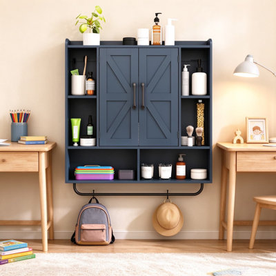 Rustic Wall Mounted Bathroom Storage Cabinet with Barn Doors and Adjustable Shelves, Farmhouse Organizer for Bathroom Kitchen or Living Room
