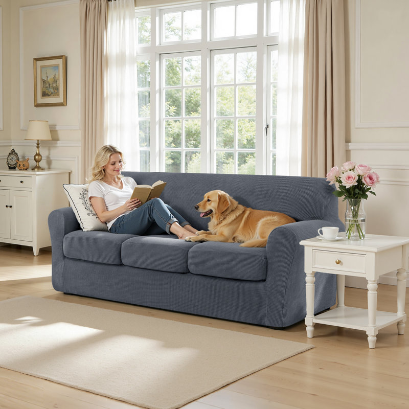 4 Piece Stretch Jacquard Couch Cover, Sofa Slipcover for 3 Cushion Couch, Machine Washable Furniture Protector(Sofa, Gray)