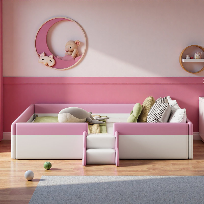 Upholstered Daybed Frame With Fence And Stairs, Queen, Pink