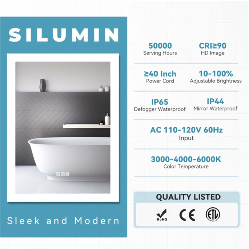 Miroir de salle de bain lumineux à DEL avec lumière latérale avant de 36 po x 28 po, désembuage de 5 minutes, réflexion Full HD, 3 couleurs à intensité variable, fixation murale