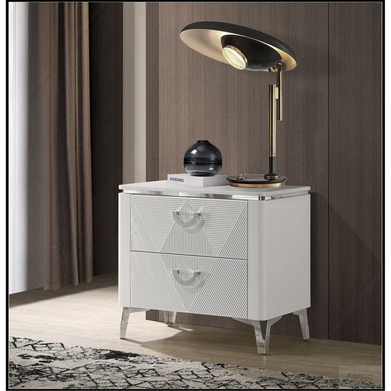 Table de chevet 2 tiroirs avec double port USB, blanc brillant