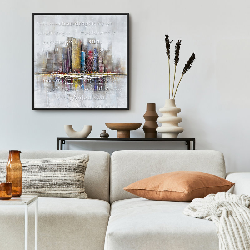 Bâtiments avec typographie en relief - décor de toile moderne encadré