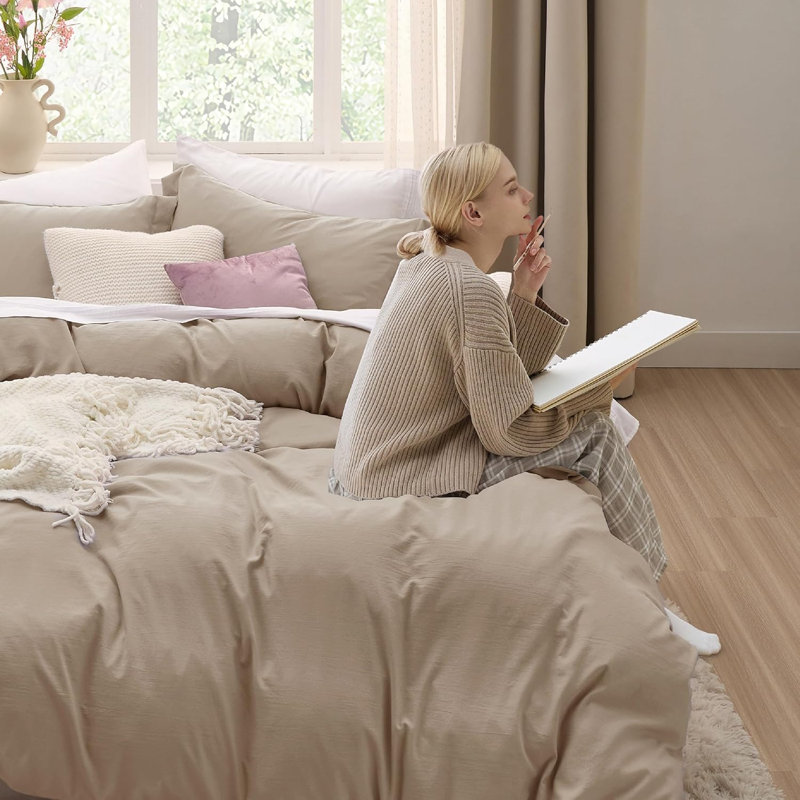 Polyester Solid Colour Duvet Cover with Pillow Shams, King - 2 Shams (50 x 90 cm), Deep Beige