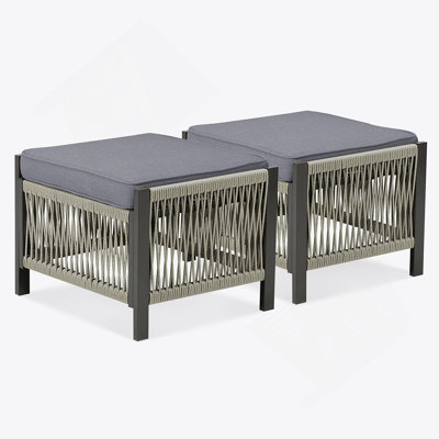 Outdoor PE Wicker Ottomans Set Of 2, Patio Rattan Footrests With Gray Cushion For Backyard Or Deck