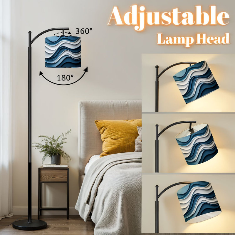 Lampe sur pied à arc avec abat-jour réglable à rayures bleues et blanches, motifs décoratifs à vagues, lignes debout à répétition, 3 couleurs, intensité variable, lampe sur pied avec interrupteur au pied pour la chambre à coucher