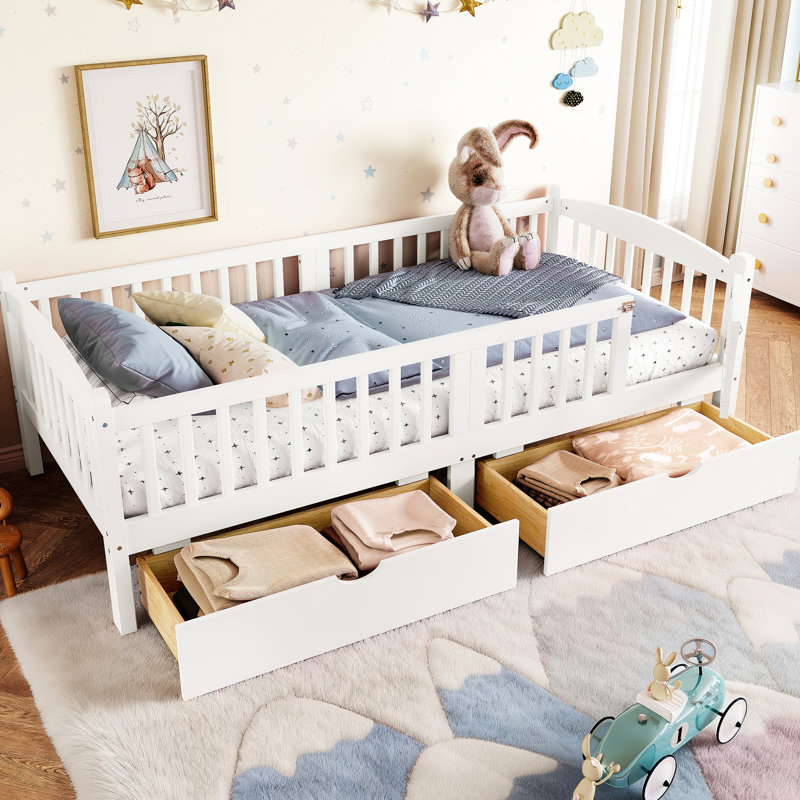 Lit simple blanc TG avec garde-corps, tiroirs de rangement et une charmante tête de lit. Tête de lit Sweet Sleep Ambiance douillette