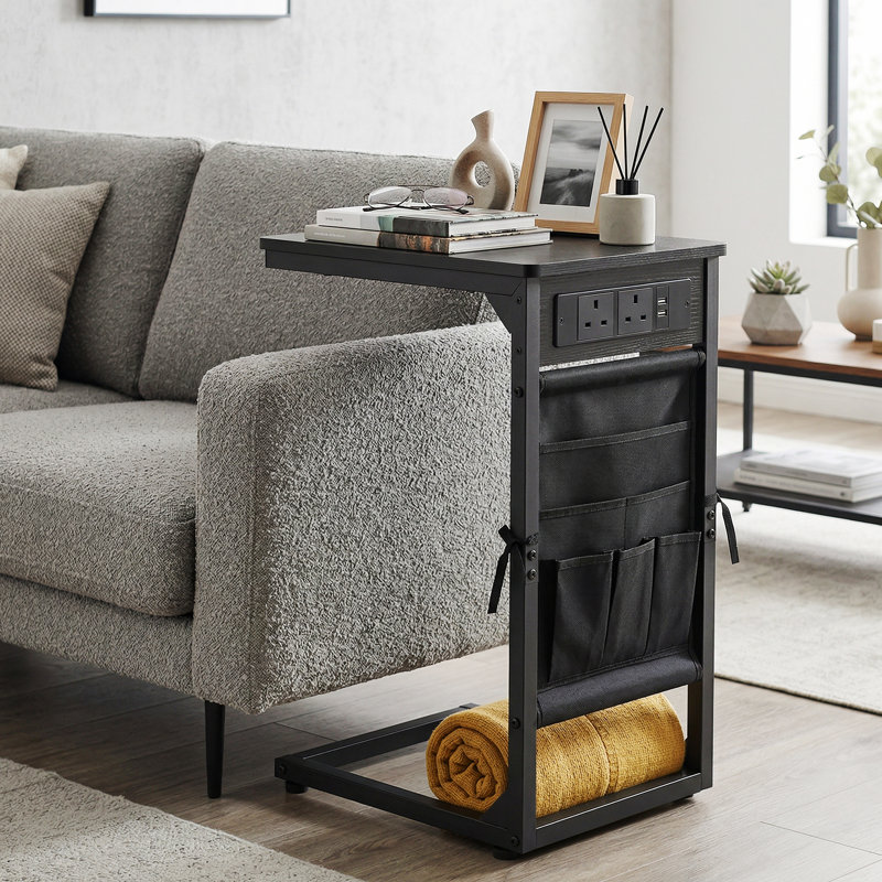 Likisak C-Shaped End Table, With Storage Bag And Charging Station, Black