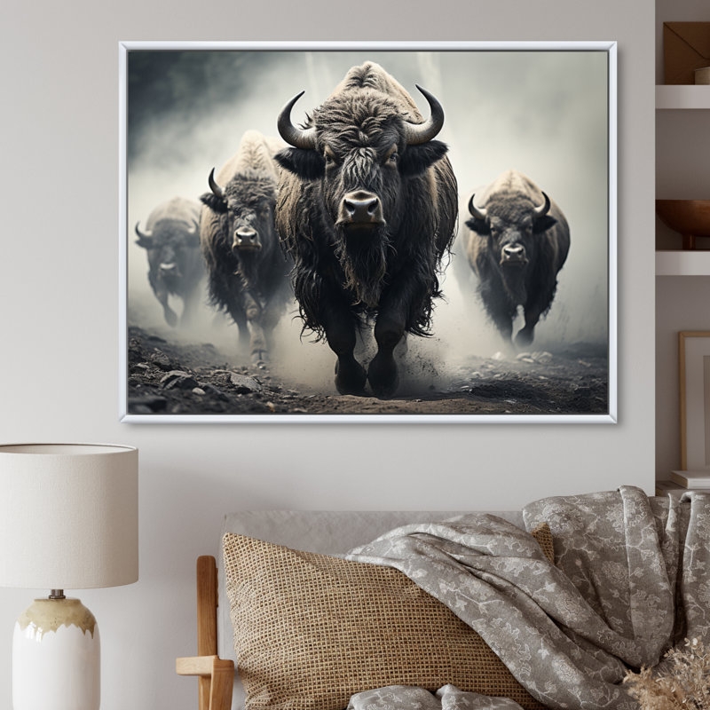 «Gray Buffalo Gentle Guardians I», art mural Buffalo, Cadre flottant blanc, H 16 po x l 32 po x P 1 po